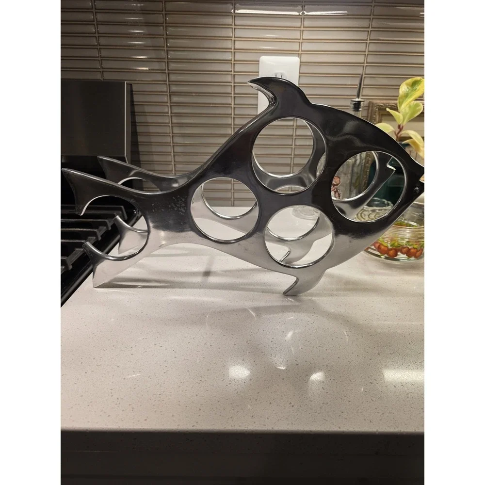 Silver Metal Fish Shaped Countertop Wine Rack Holder Heavy-Duty 5 Bottle